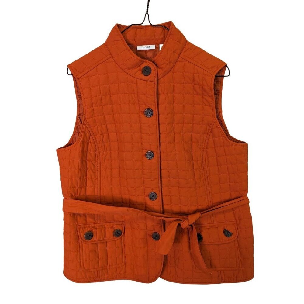 Liz and Co Women Jacket size L Vest Orange Quilted Tie Pockets Outdoors Fall